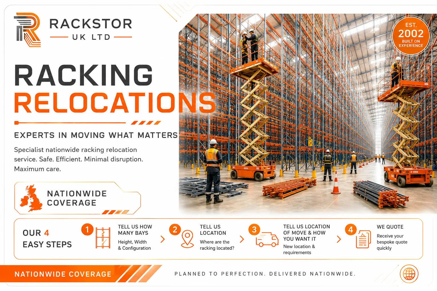 Rackstor UK Ltd nationwide racking relocations — installers on scissor lifts inside a high-bay warehouse
